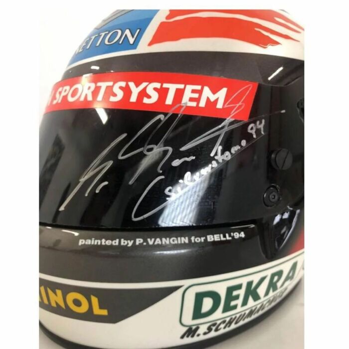 Helmet with autographs of riders Michael Schumacher and Willy Weber, white marble